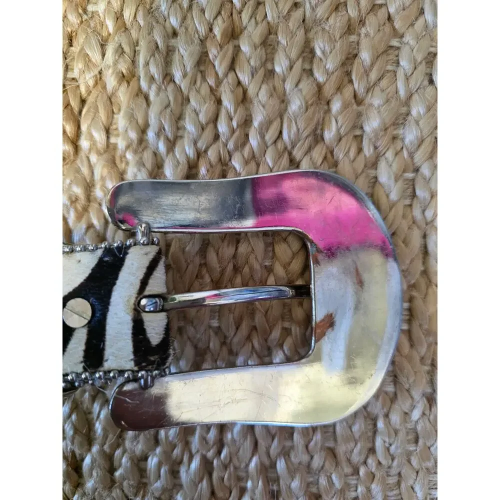 Atlas Western Calf Hair Zebra Print Pink Rhinestones Silver Studded Belt 34 XS